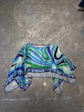 Emilio Pucci Blue Green Abstract Silk Crop Top